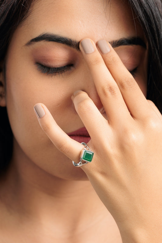 Authentic Emerald (Panna) Ring in Sterling Silver – #1175B Sq - Myra