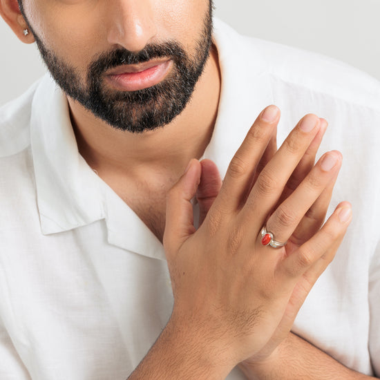 Genuine Red Coral (Moonga) Stone Ring in 925 Silver - #1101 Ov - Myra