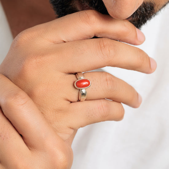 Genuine Red Coral (Moonga) Stone Ring in 925 Silver - #1101 Ov - Myra