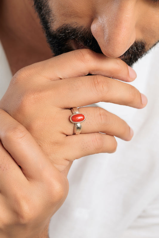Genuine Red Coral (Moonga) Stone Ring in 925 Silver - #1101