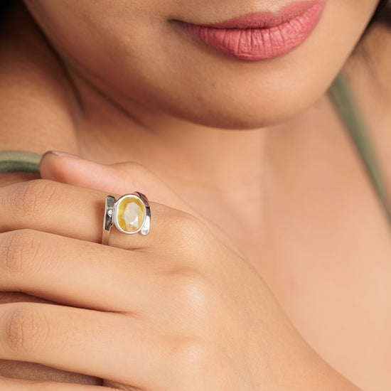 Radiant Yellow Sapphire (Pukhraj) Ring in 925 Silver – #1138B - Myra