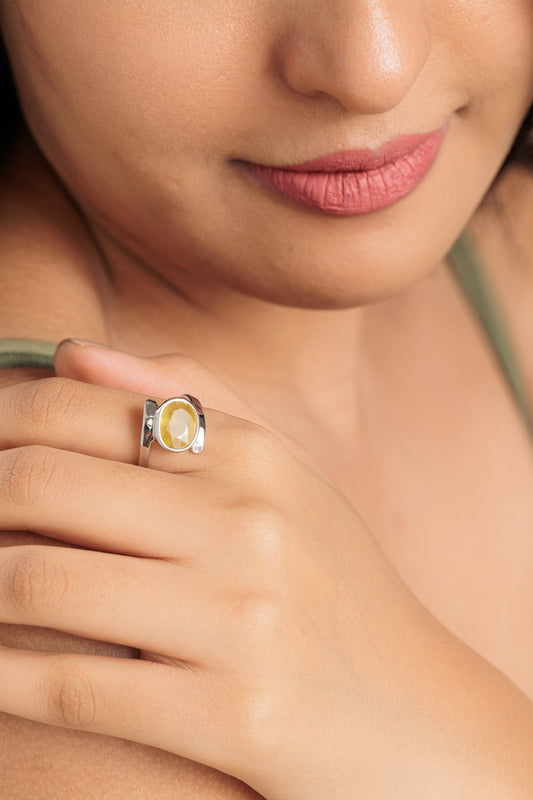 Radiant Yellow Sapphire (Pukhraj) Ring in 925 Silver – #1138B - Myra
