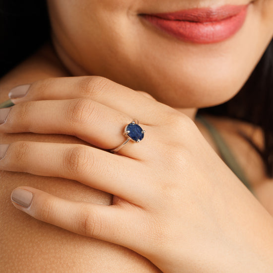 Radiant Blue Sapphire (Neelam) Ring in 925 Silver – #1218N4 - Myra