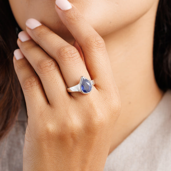 Classic Wear Blue Sapphire (Neelam) Ring – 925 Silver - #1203B Drop - Myra