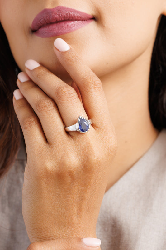 Classic Wear Blue Sapphire (Neelam) Ring – 925 Silver - #1203B Drop - Myra