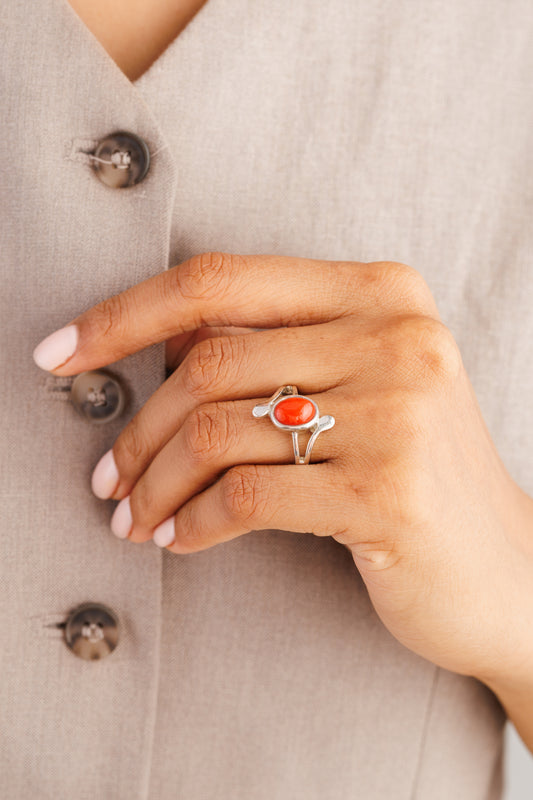 Coral (Moonga) Gemstone Ring – 925 Silver - #1151