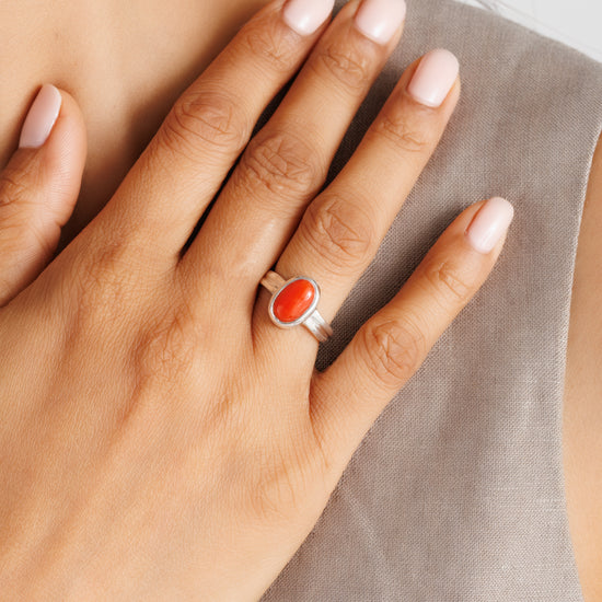 Elegant Coral (Moonga) Ring – 925 Silver - #1139 Ov - Myra