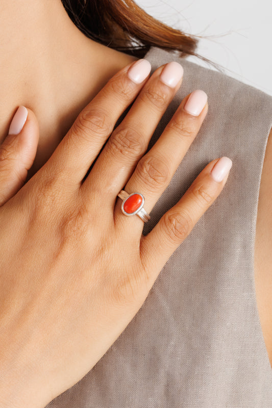 Elegant Coral (Moonga) Ring – 925 Silver - #1139 Ov - Myra