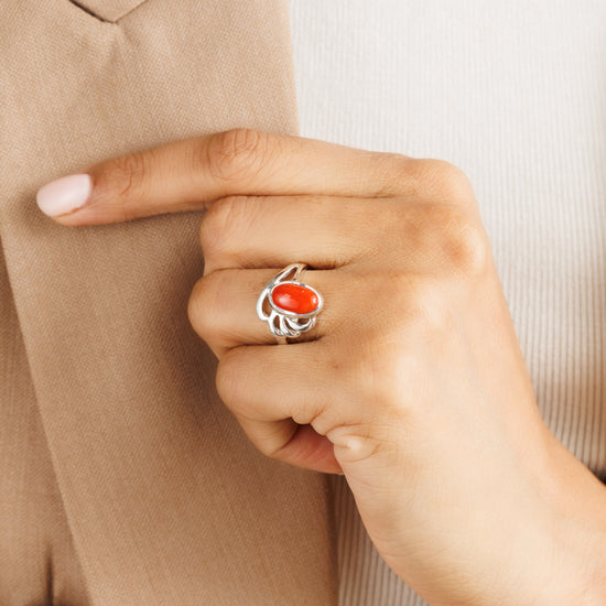 Radiant Red Coral (Moonga) Ring in 925 Silver – #1191 Ov - Myra
