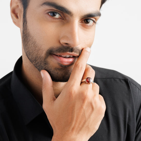 925 Silver Garnet (Gomed) Ring - #1200N8 Sq - Myra