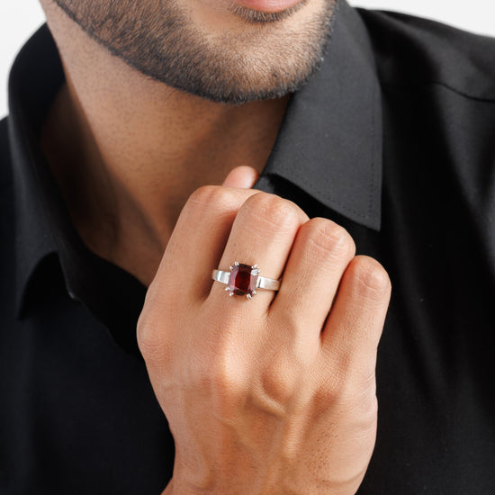 925 Silver Garnet (Gomed) Ring - #1200N8 Sq - Myra