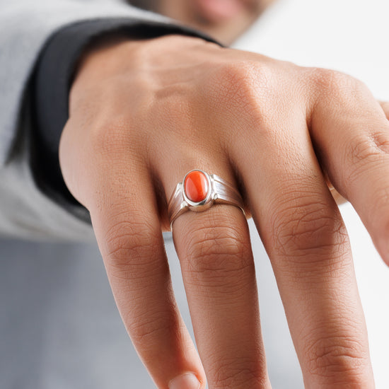 925 Silver Coral (Moonga) Ring - #1111 Ov - Myra