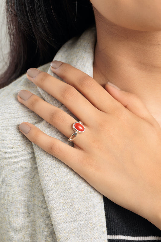 Authentic Red Coral (Moonga) Ring in 925 Silver – #1102