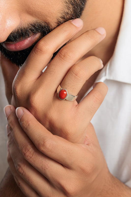 Elegant Red Coral (Moonga) Ring in 925 Silver – #1224