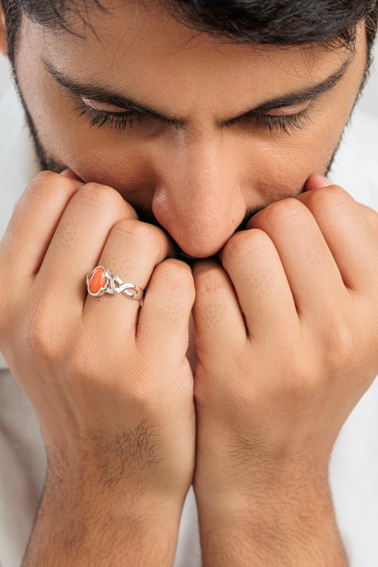 Classic Red Coral (Moonga) Ring in Sterling Silver - #1210