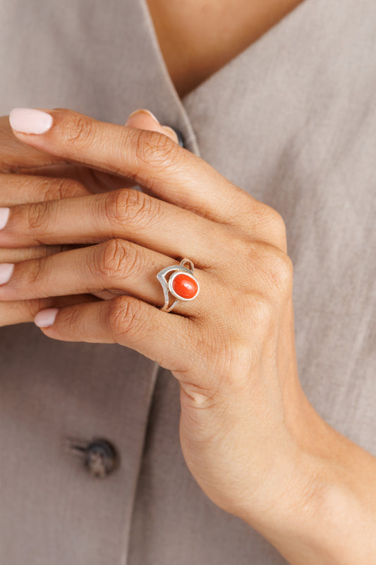 Smart Coral (Moonga) Ring – 925 Silver - #1192 Ov