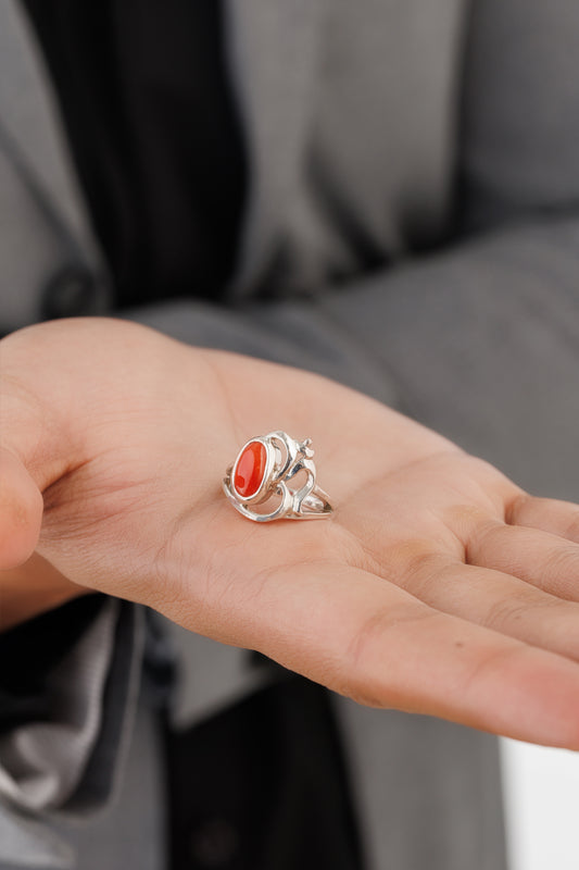 Rich-Hue Coral (Moonga) Ring – 925 Silver - #1284 Ov
